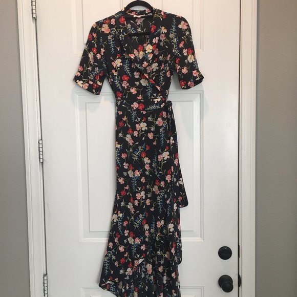 Equipment black w/multi-colored flowers short sleeve wrap dress with collar